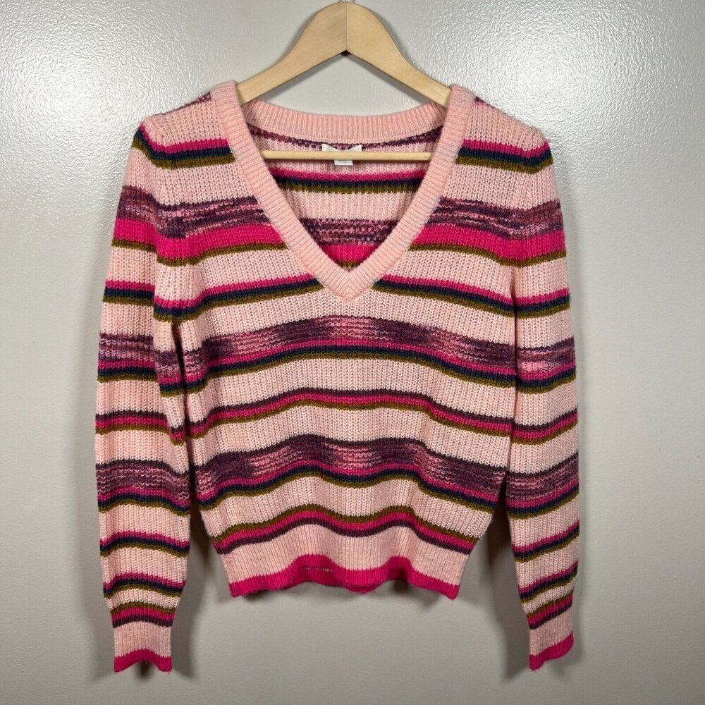 Sundance Wool Blend Sweater Size XS Pink Striped V-neck Cozy Comfy Pullover